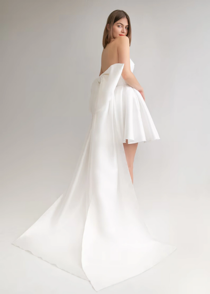 Lillian | Elegant Short Satin Strapless Wedding Dress with Bow Back Detail - White - PromDressClub
