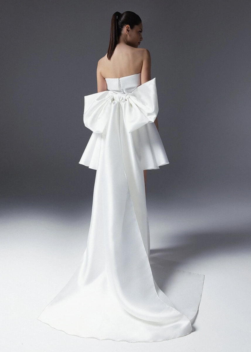 Lillian | Elegant Short Satin Strapless Wedding Dress with Bow Back Detail - White - PromDressClub