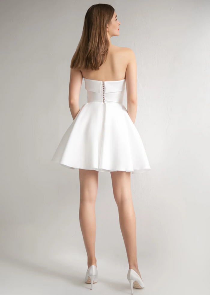 Lillian | Elegant Short Satin Strapless Wedding Dress with Bow Back Detail - White - PromDressClub