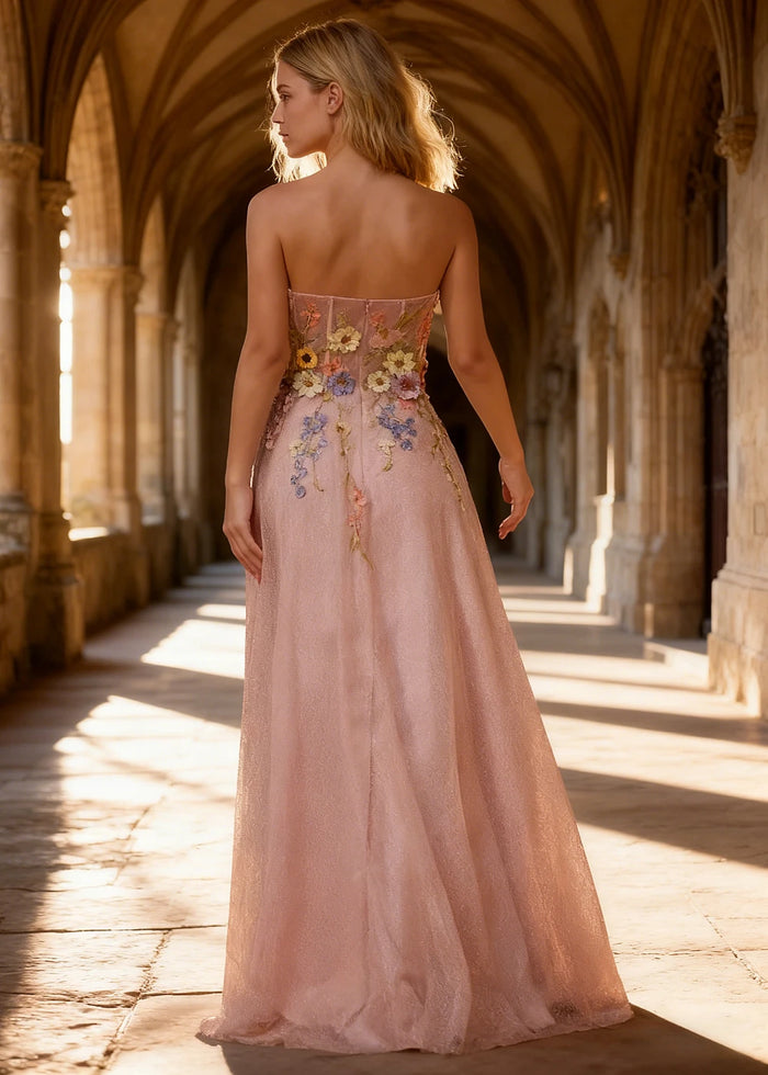 Lilo Strapless Pink Floral Prom Dress | A - Line Sweetheart Neckline Corset 3D Flower Gown - Pink Floral - PromDressClub