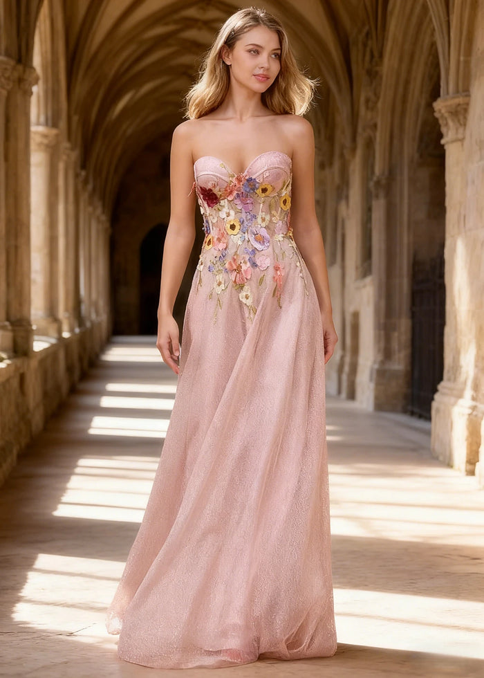 Lilo Strapless Pink Floral Prom Dress | A - Line Sweetheart Neckline Corset 3D Flower Gown - Pink Floral - PromDressClub