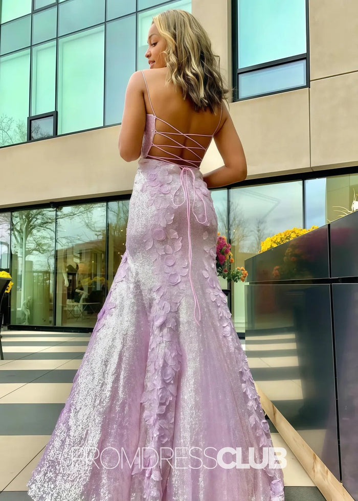 Linda | Long Black Corset Prom Dresses with 3D Appliques Sequin - Price #price_variant_lowest# - Lilac - PromDressClub