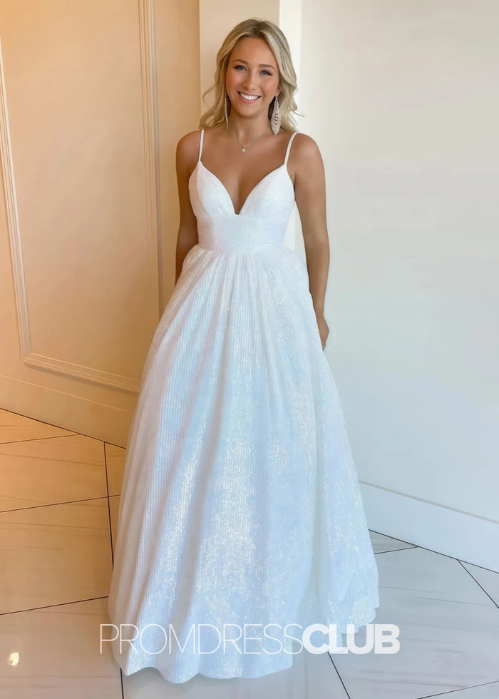 Lindsay |Hot Pink Plus Size Long Prom Dresses Near Me With A - line V Neck Sequins - Price #price_variant_lowest# - White - PromDressClub