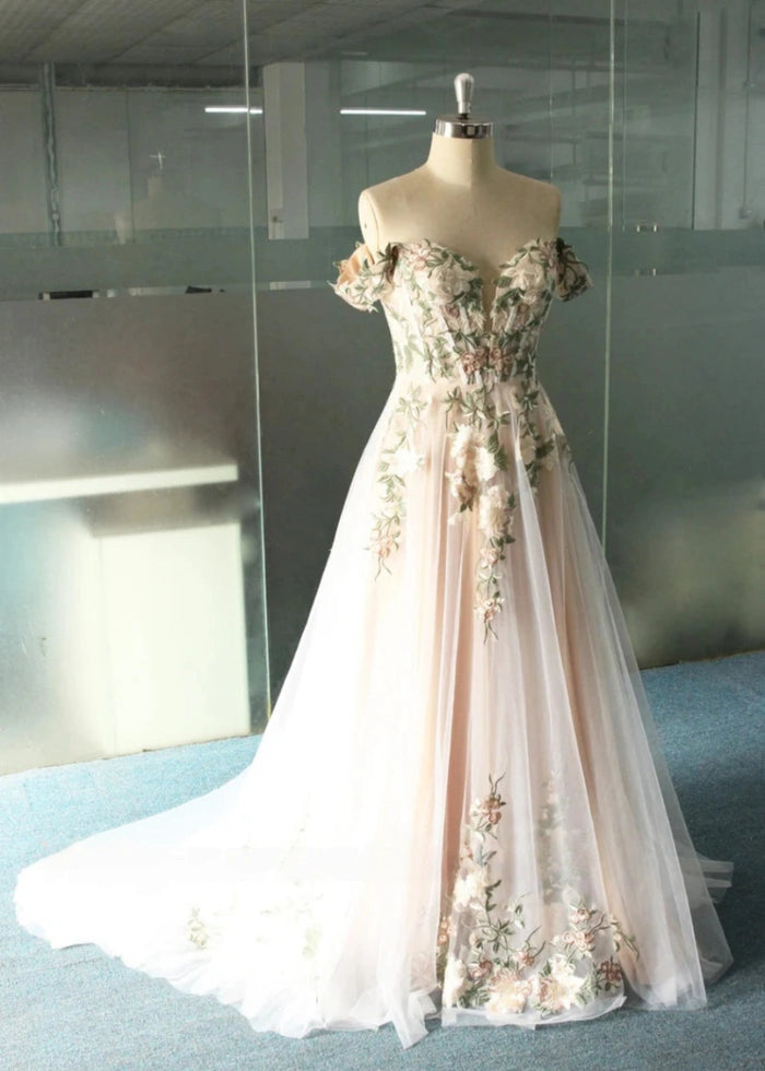 Lindsay | Say "I Do" in Dreamy Floral Embroidery & Corset Wedding Dress Perfection - White Floral - PromDressClub