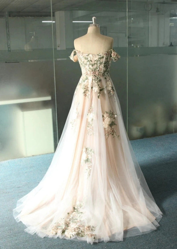 Lindsay | Say "I Do" in Dreamy Floral Embroidery & Corset Wedding Dress Perfection - White Floral - PromDressClub