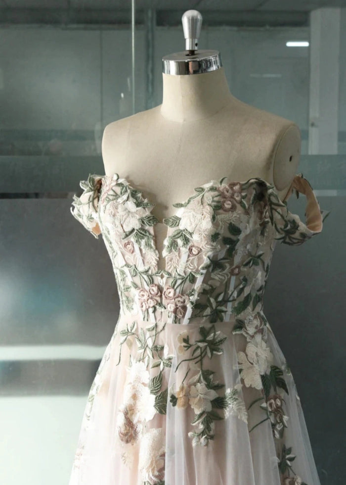 Lindsay | Say "I Do" in Dreamy Floral Embroidery & Corset Wedding Dress Perfection - White Floral - PromDressClub