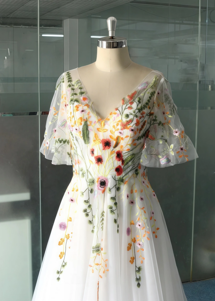 Lisa | Discover Floral Cap Sleeve V Neck Wedding Dresses for Elegant Brides - White Floral - PromDressClub