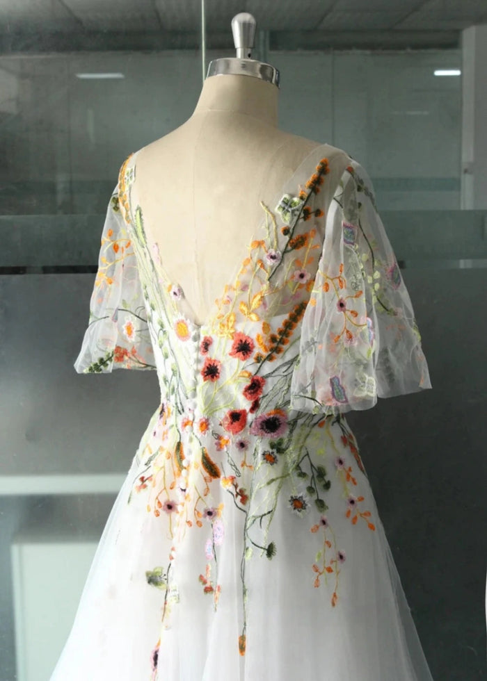 Lisa | Discover Floral Cap Sleeve V Neck Wedding Dresses for Elegant Brides - White Floral - PromDressClub