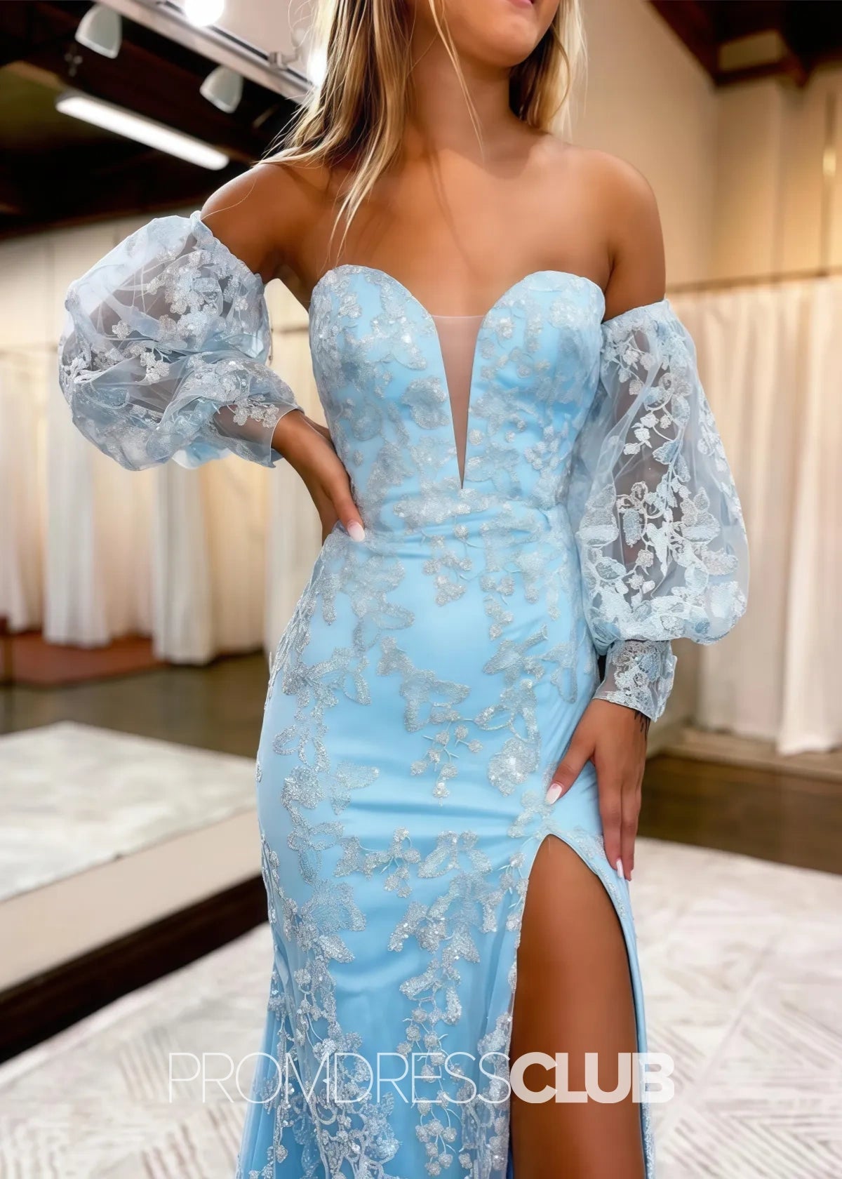 Lisa |Long Sky Blue Prom Dresses Near Me With Mermaid Sweetheart Lace Detachable Sleeves - Price #price_variant_lowest# - Champagne - PromDressClub