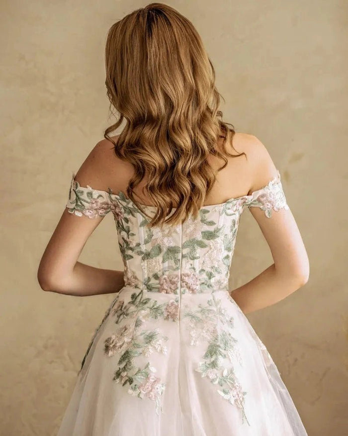 Liv | Say "I Do" to a Romantic Off the Shoulder Wedding Dress Under 500 - White Floral - PromDressClub