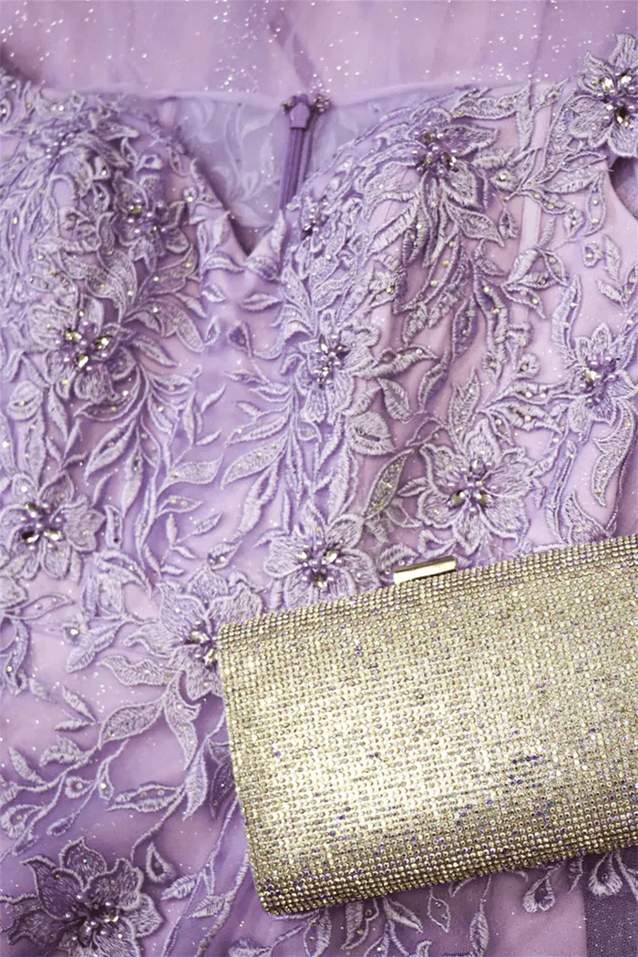 Rebecca | A Line Backless Lavender Off the Shoulder Corset Prom Dress with Slit - Lavender - PromDressClub