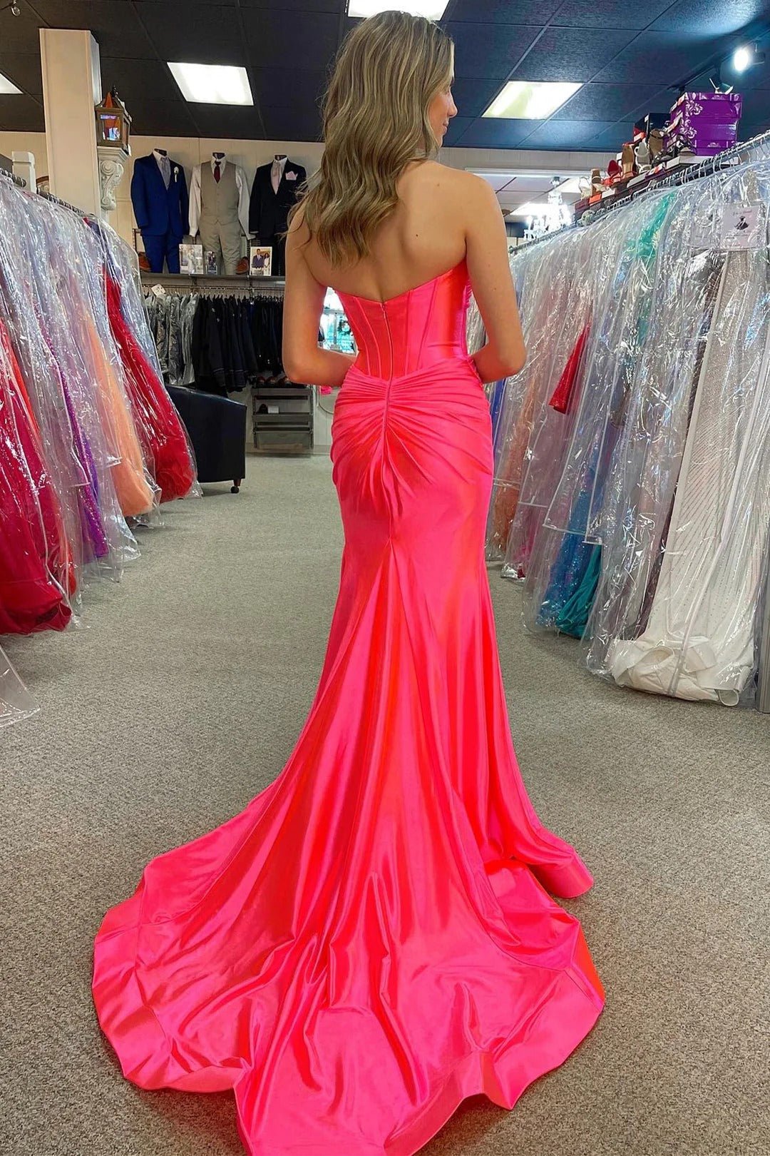 Pandora |Long Mermaid Black Prom Dress Satin Formal Dress Sweetheart - Hot Pink - US0 - PromDressClub