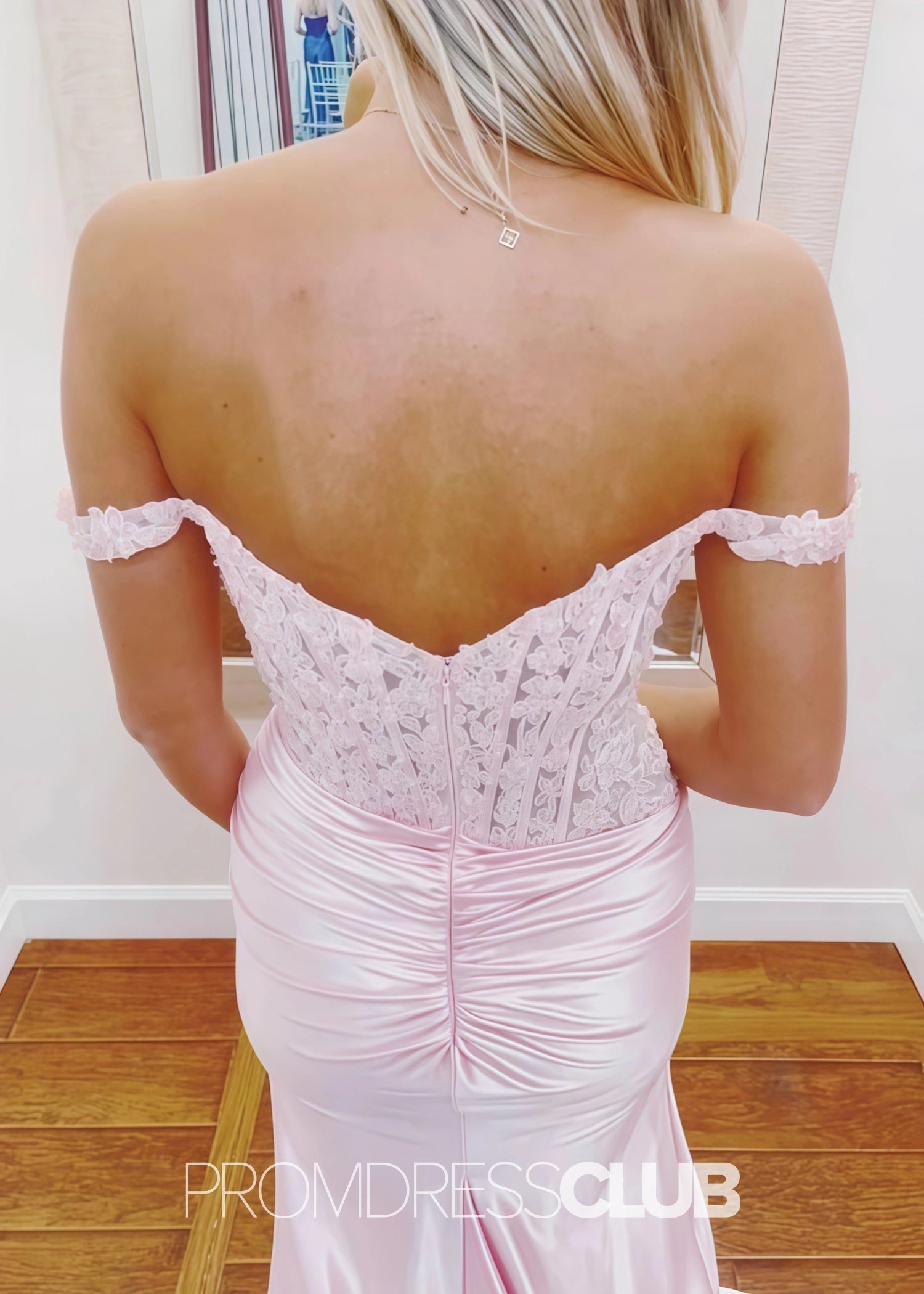Nina |Long Pink Prom Dresses Near Me With Mermaid Off Shoulder Lace High Split - Price #price_variant_lowest# - Pink - PromDressClub