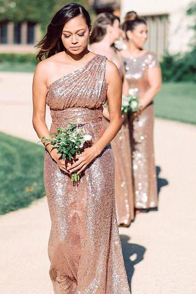 Lorraine | Long Sequins Rose Gold Bridesmaid Dress One Shoulder - Rose Gold - PromDressClub