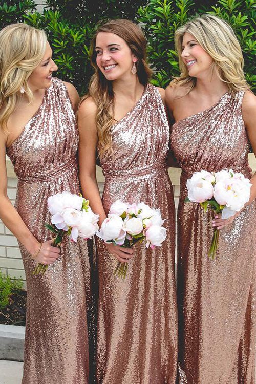 Lorraine | Long Sequins Rose Gold Bridesmaid Dress One Shoulder - Rose Gold - PromDressClub