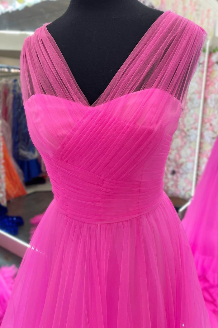 Kristin | A Line Strapless Tulle Hot Pink Corset Prom Dress Ruffles - Hot Pink - PromDressClub