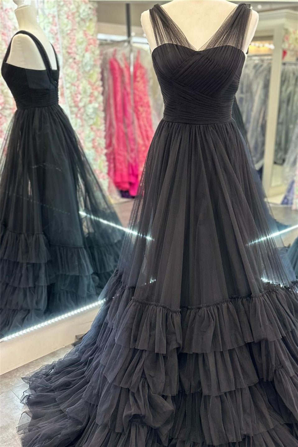 Kristin |Long Tulle Pink Formal Dress V Neck Ruffles Tiered Prom Dress - Black - US0 - PromDressClub