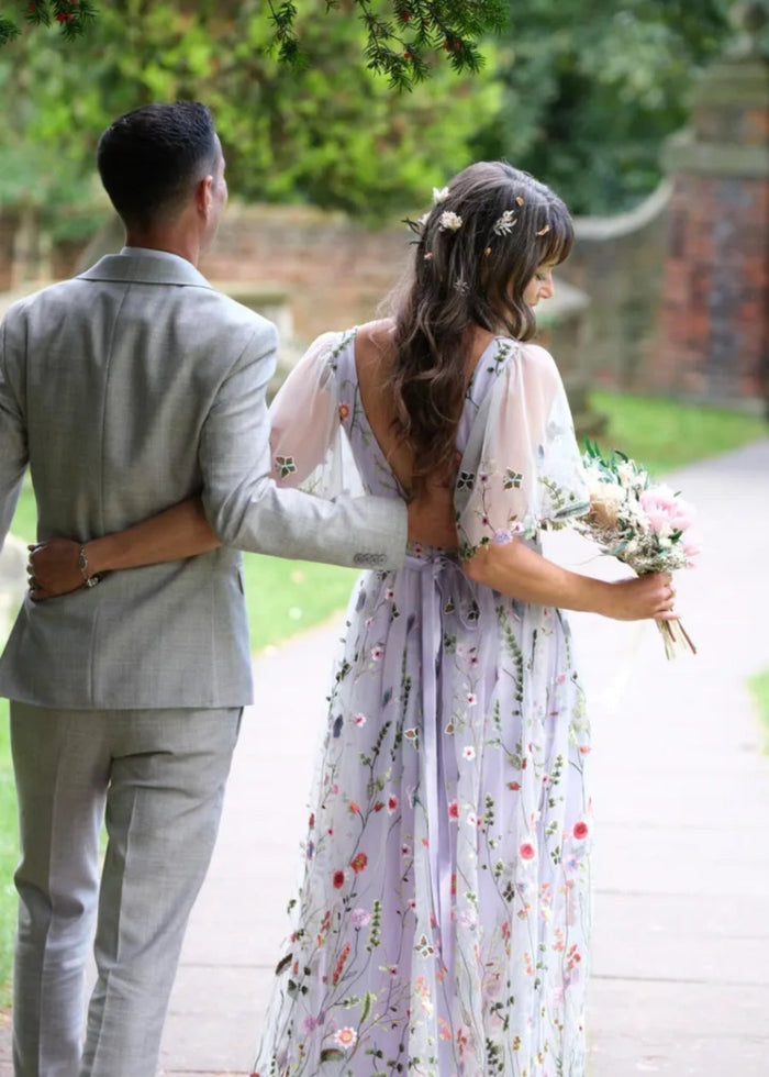 Lorelei | Discover Flattering A Line Floral Wedding Dresses with Sleeves - White Floral - PromDressClub