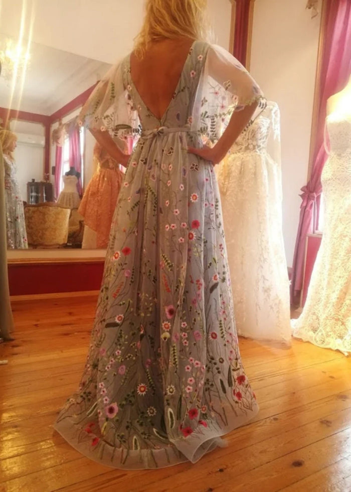 Lorelei | Discover Flattering A Line Floral Wedding Dresses with Sleeves - White Floral - PromDressClub