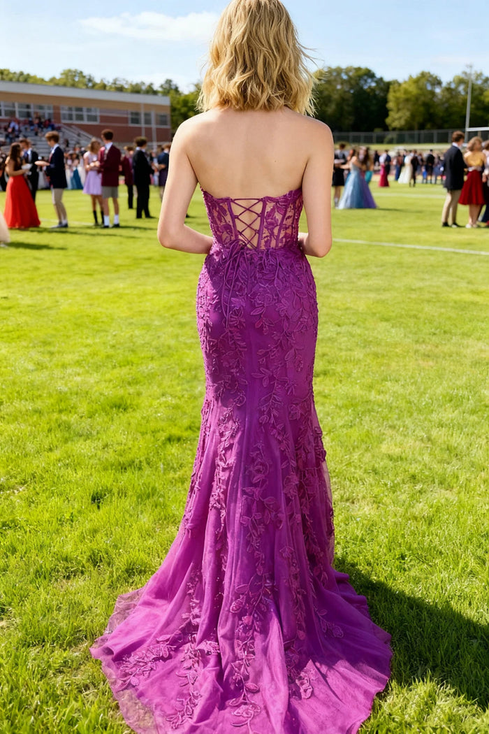 Lorraine Corset Lace Lilac Prom Dress | Mermaid Strapless Sweetheart Neckline Dress with Slit - Fuchsia - PromDressClub