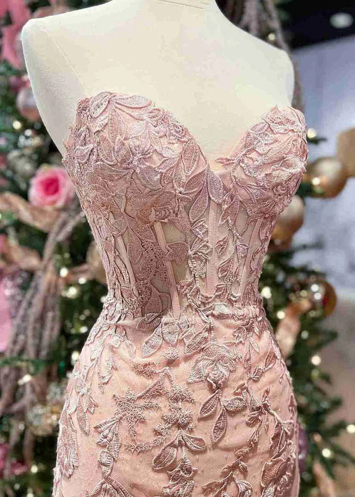 Lorraine Corset Lace Lilac Prom Dress | Mermaid Strapless Sweetheart Neckline Dress with Slit - Light Pink - PromDressClub