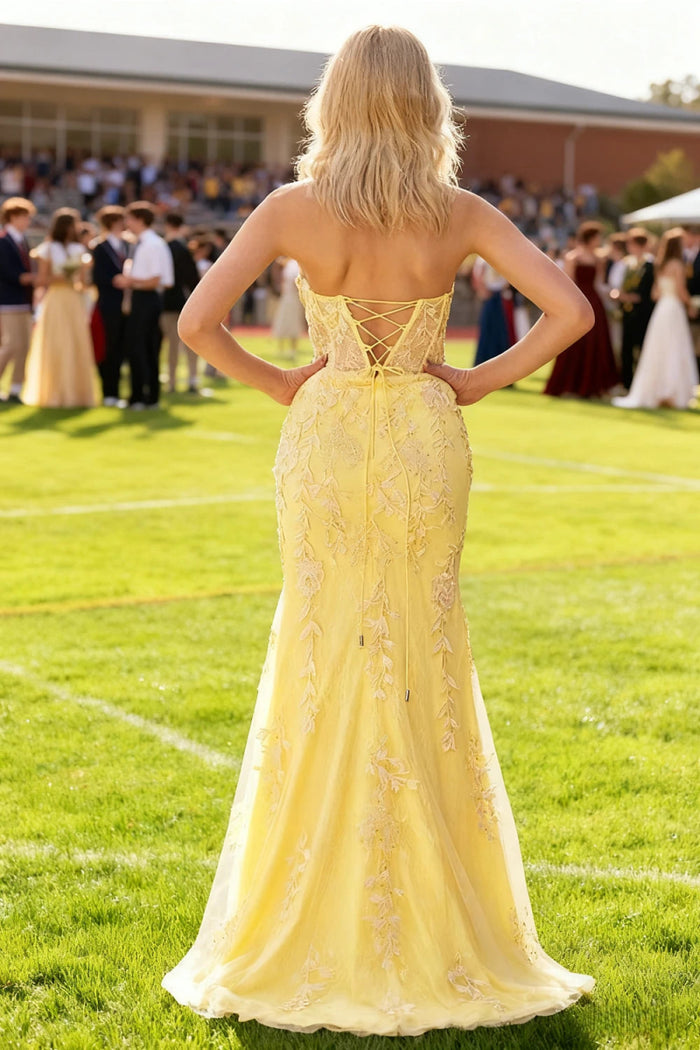 Lorraine Corset Lace Lilac Prom Dress | Mermaid Strapless Sweetheart Neckline Dress with Slit - Yellow - PromDressClub