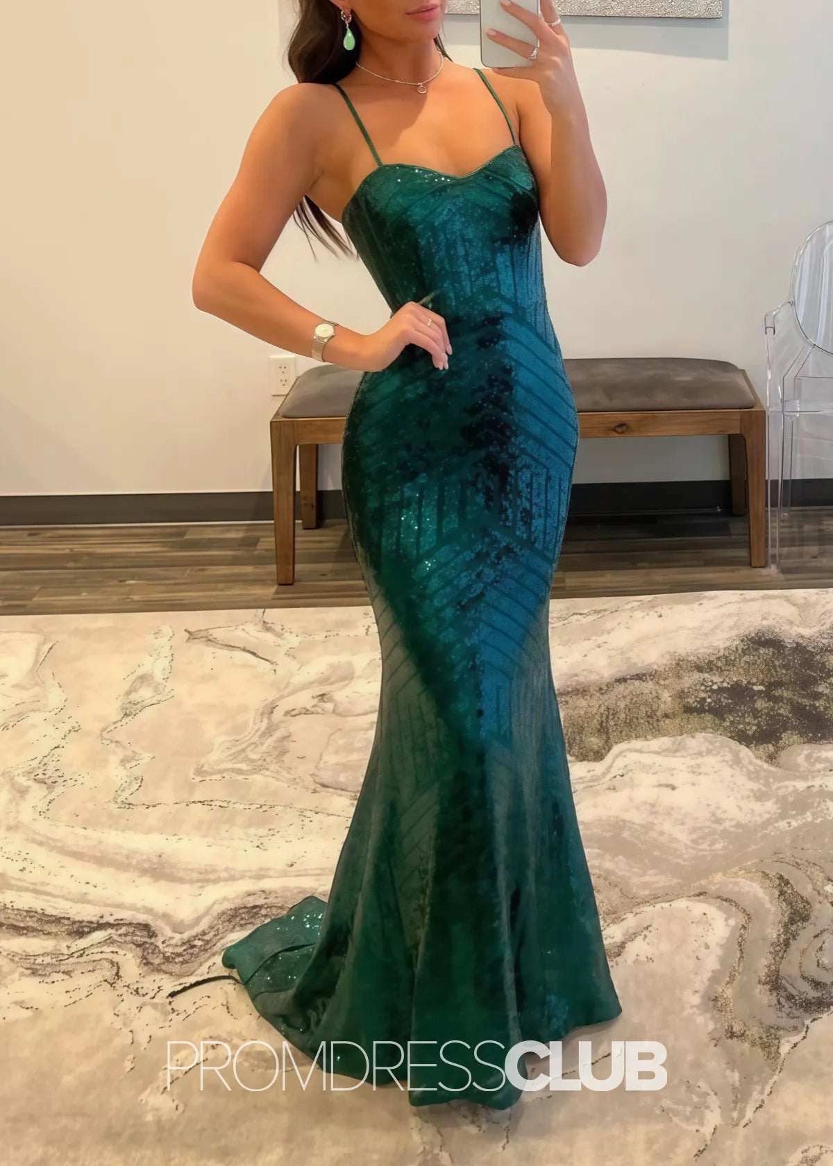 Lucy |Long Peacock Prom Dresses Near Me With Mermaid Spaghetti Straps Sequin - Peacock - US0 - PromDressClub