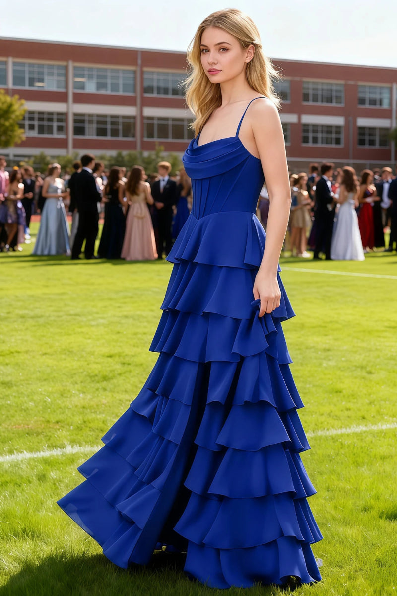 Luminance Royal Blue Tiered Ruffled Cowl Neck Prom Dress | A - Line Spaghetti Straps Corset Pleated Satin Dress with Slit - US0 - PromDressClub