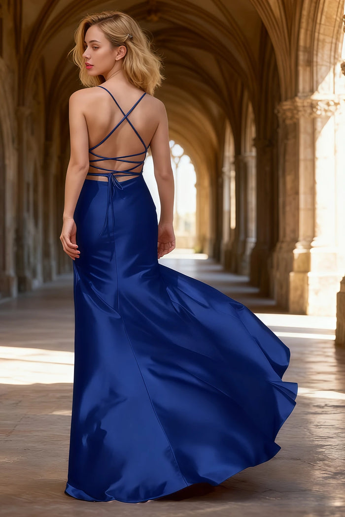 Luna Neptune Satin Sheath Spaghetti Strap Prom Dress | Sexy Scoop Neck Pleated Open Back Slit Gown - US0 - PromDressClub