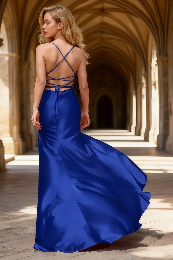 Luna Royal Blue Satin Sheath Spaghetti Strap Prom Dress | Sexy Scoop Neck Pleated Open Back Slit Gown - US0 - PromDressClub