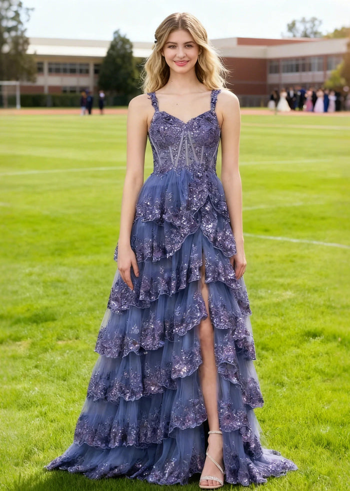 Lydia | A - Line Off the Shoulder Lace Corset A Pink Prom Dress Long with Tiered Ruffles - Navy Blue - PromDressClub