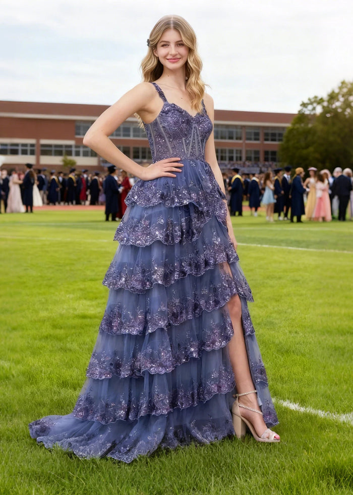 Lydia | A - Line Off the Shoulder Lace Corset A Pink Prom Dress Long with Tiered Ruffles - Navy Blue - PromDressClub