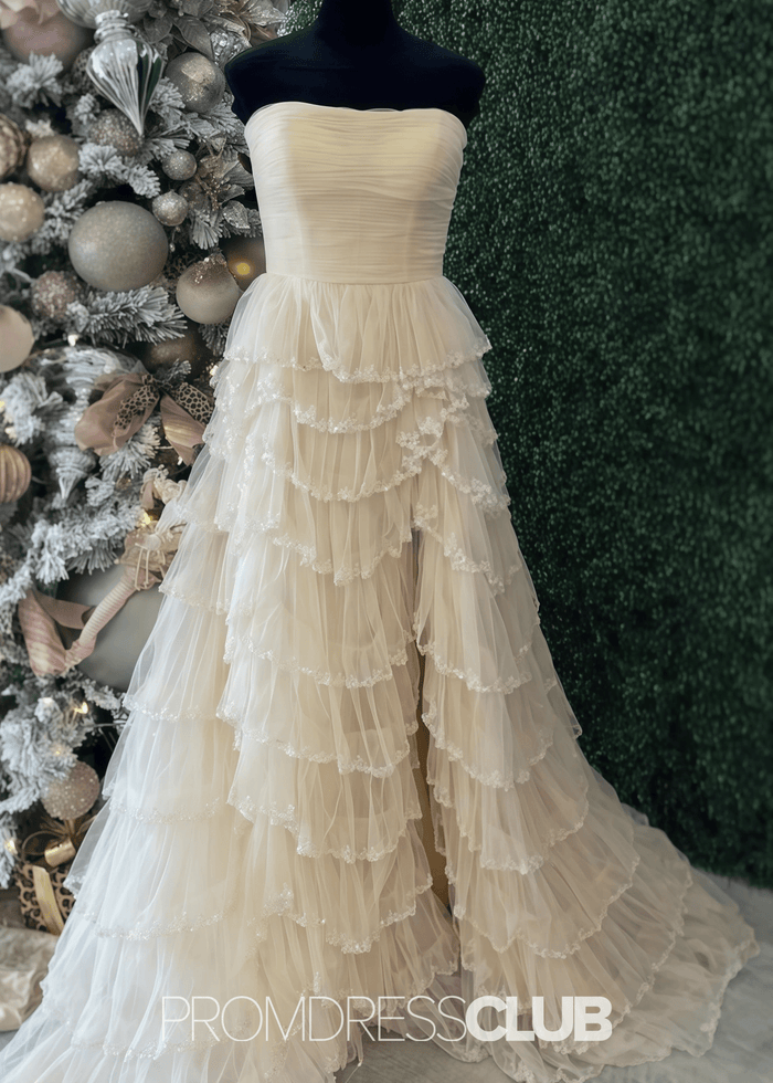 Mabel | A Line Sparkly Tiered Ruffles Light Blue Long Prom Dress - Price #price_variant_lowest# - Champagne - PromDressClub