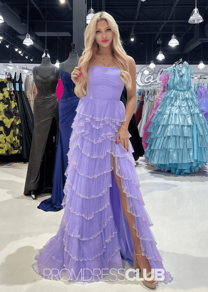 Mabel | A Line Sparkly Tiered Ruffles Light Blue Long Prom Dress - Price #price_variant_lowest# - Lavender - PromDressClub