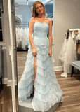 Mabel | A Line Sparkly Tiered Ruffles Light Blue Long Prom Dress - Light Blue - PROMDRESS Club