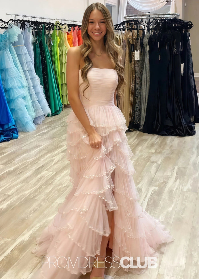 Mabel | A Line Sparkly Tiered Ruffles Light Blue Long Prom Dress - Price #price_variant_lowest# - Light Pink - PromDressClub