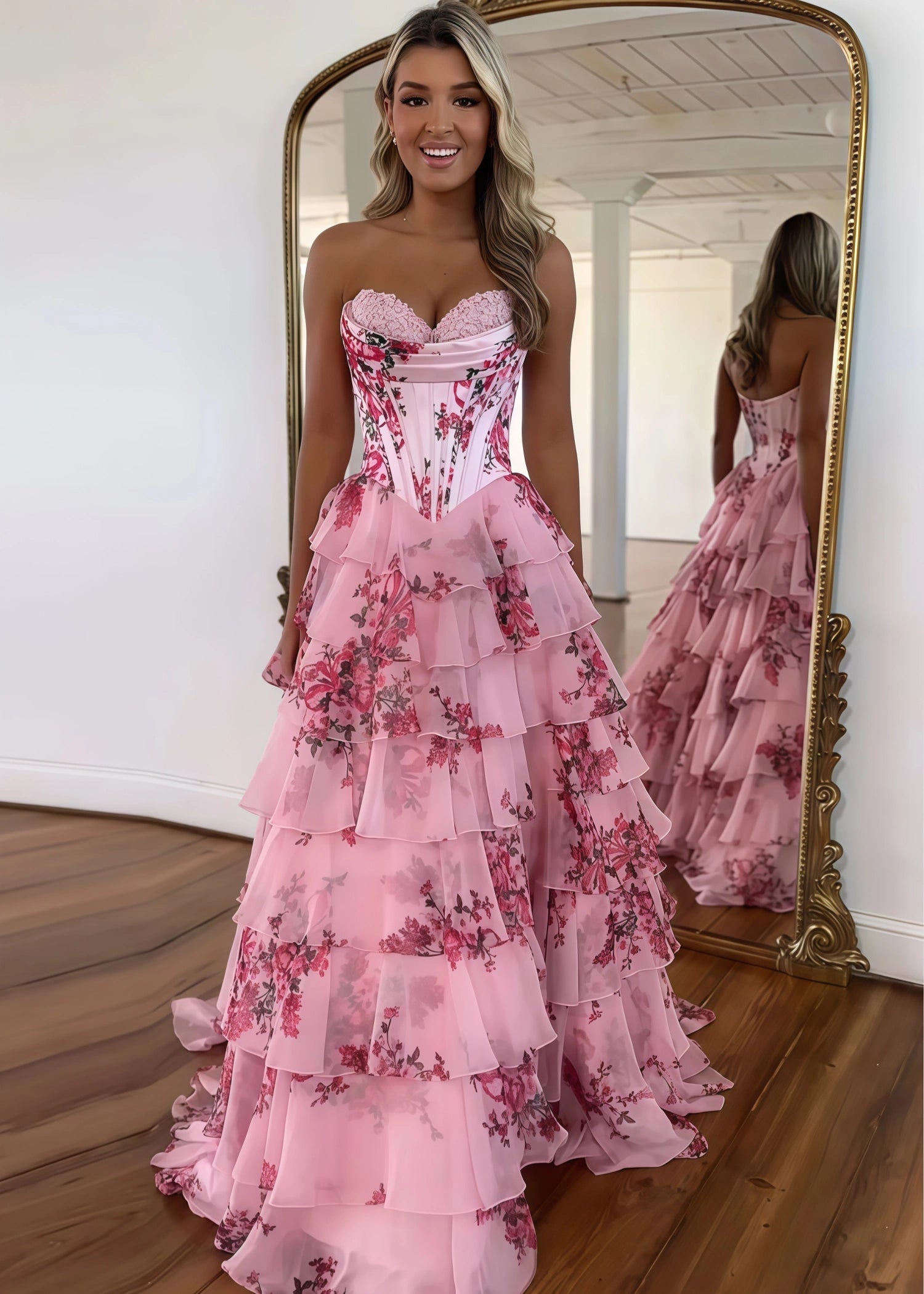 Mabel|A - Line Sweetheart Chiffon Floral Ruffled Corset Long Blush Prom Dress with Slit - Blush - US0 - PromDressClub