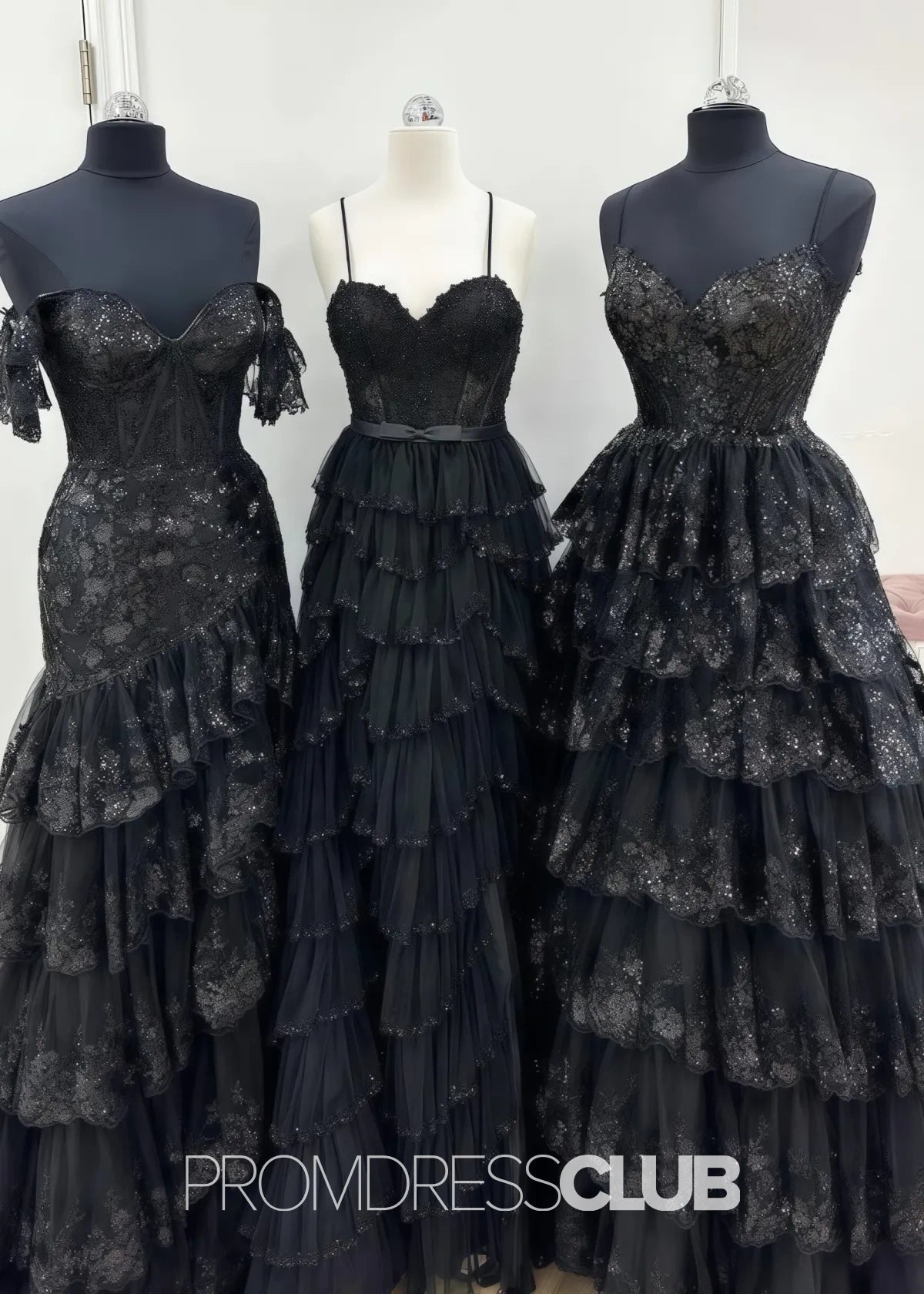 Madeline |Black Long Prom Dresses Near Me With A Line Spaghetti Straps Tiered Lace - Black - US0 - PromDressClub