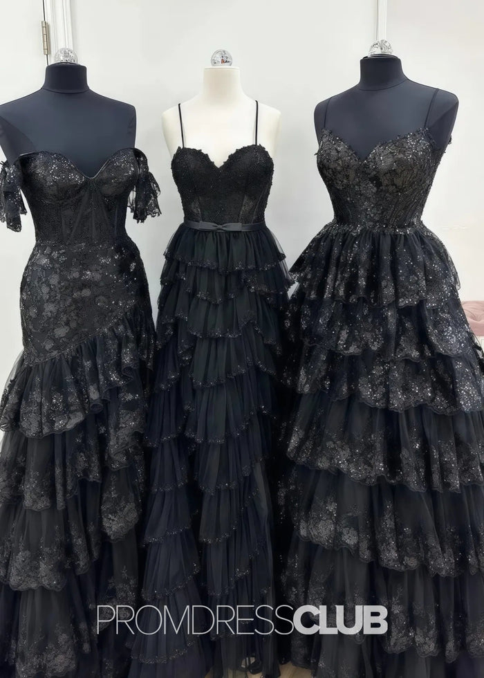 Madeline |Black Long Prom Dresses Near Me With A Line Spaghetti Straps Tiered Lace - Price #price_variant_lowest# - Black - PromDressClub