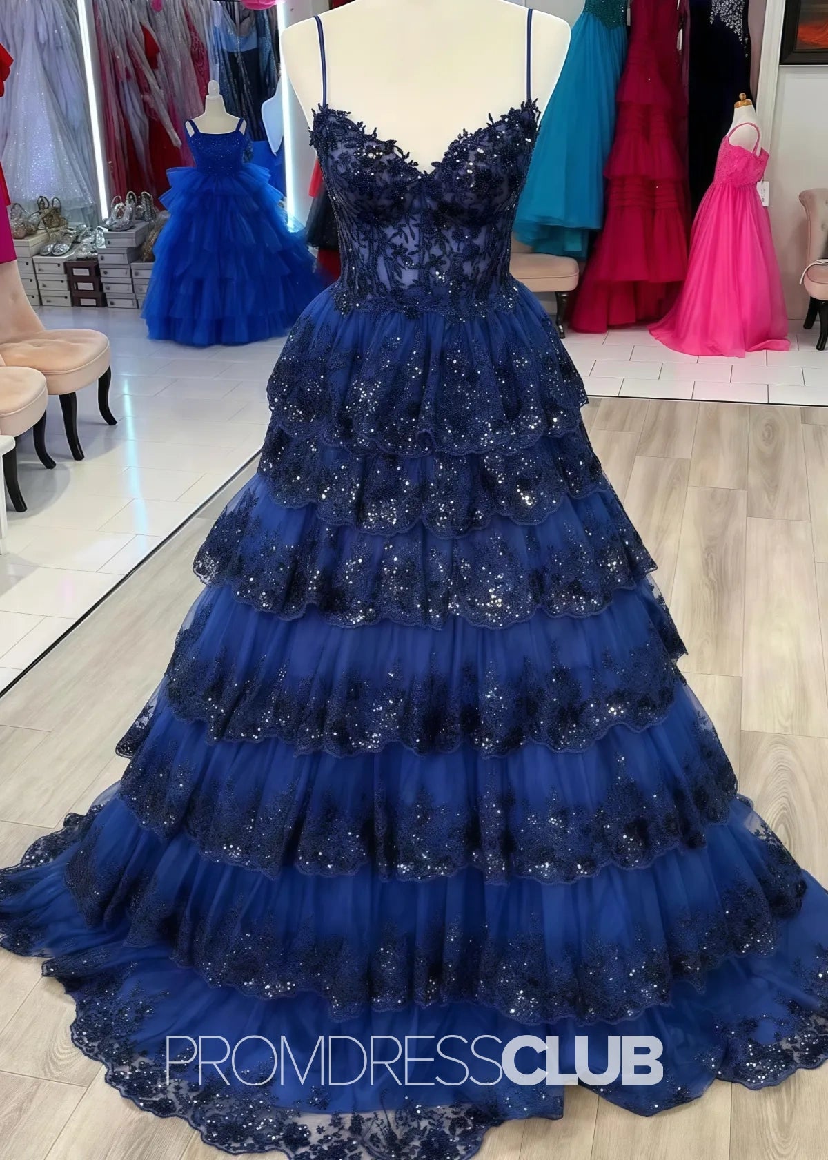 Madeline |Black Long Prom Dresses Near Me With A Line Spaghetti Straps Tiered Lace - Dark Blue - US0 - PromDressClub