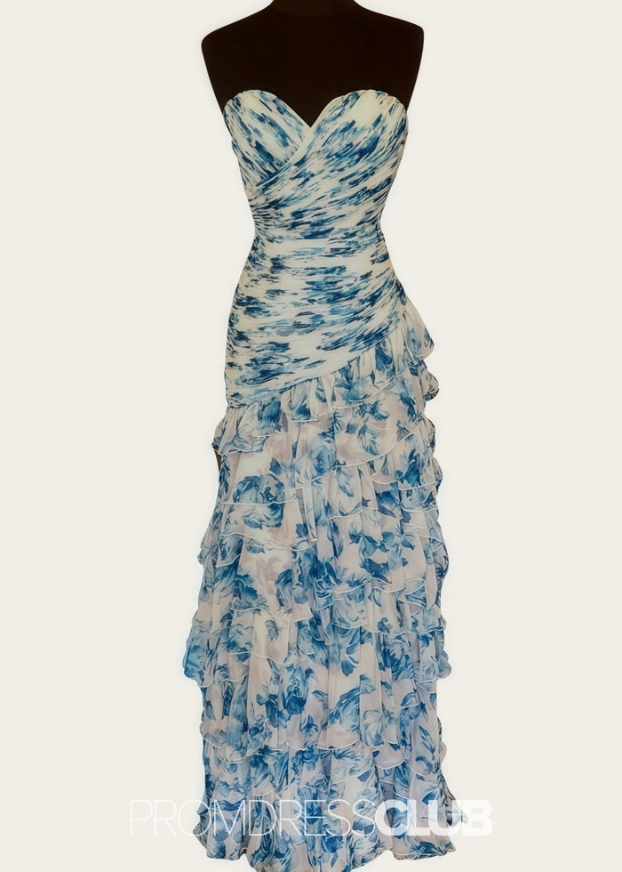 Madeline | White and Pink Floral Mermaid Tiered Prom Dress Long - Price #price_variant_lowest# - Blue Floral - PromDressClub
