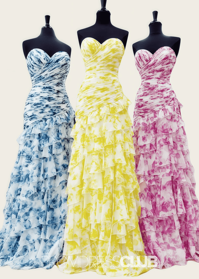 Madeline | White and Pink Floral Mermaid Tiered Prom Dress Long - Price #price_variant_lowest# - Blue Floral - PromDressClub