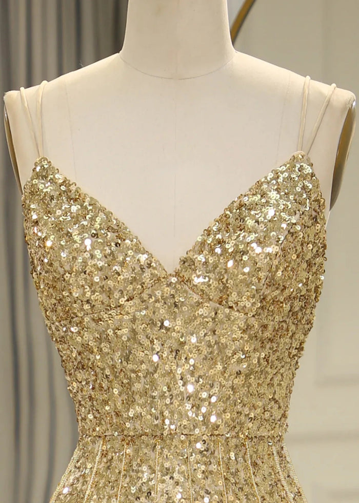 Madge | Mermaid Spaghetti Straps Bling Golden Sequins Long Prom Dress with Split Front - Gold - PromDressClub