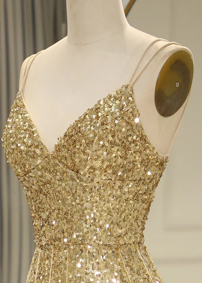 Madge | Mermaid Spaghetti Straps Bling Golden Sequins Long Prom Dress with Split Front - Gold - PromDressClub