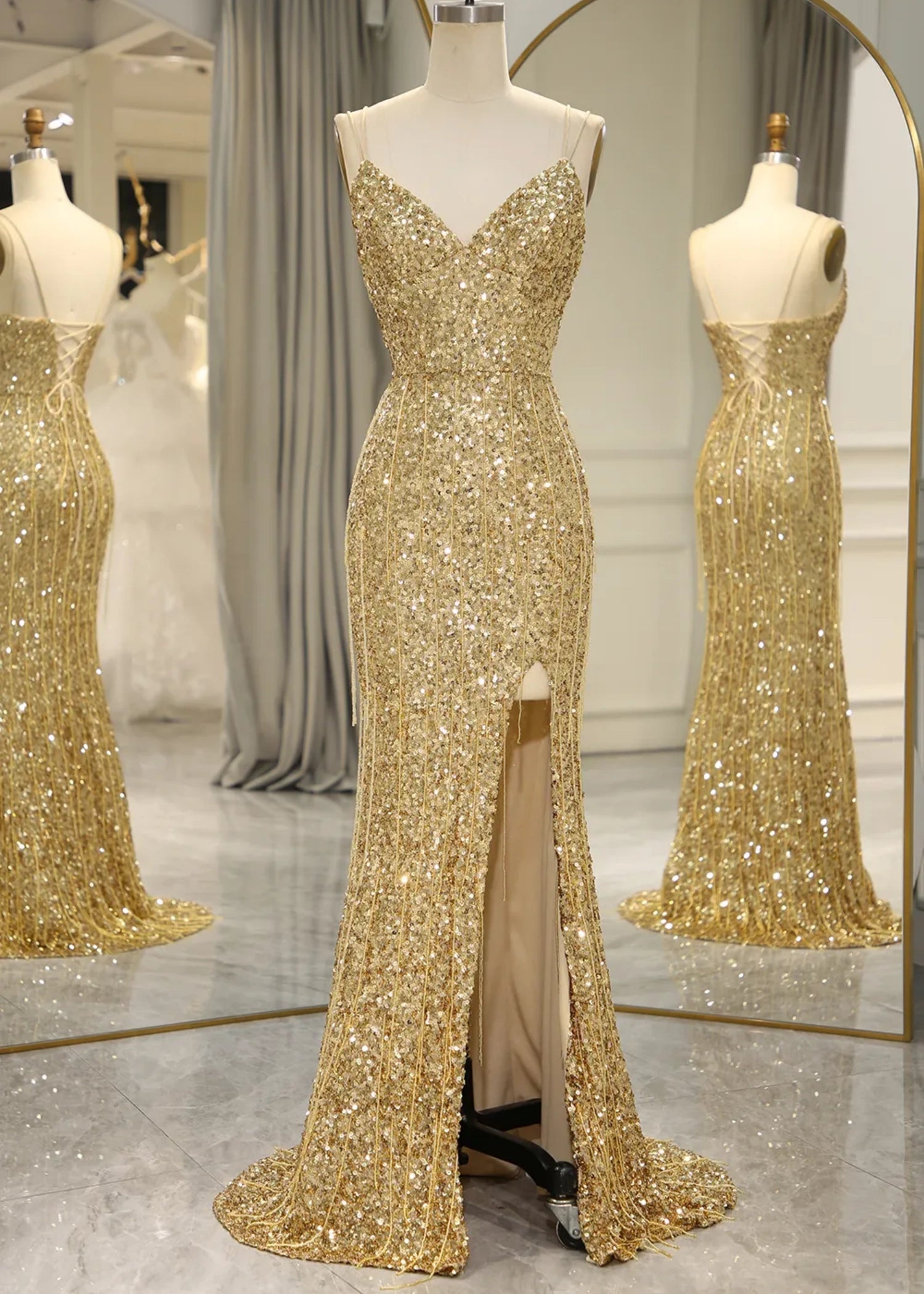 Madge | Mermaid Spaghetti Straps Bling Golden Sequins Long Prom Dress with Split Front - Gold - US0 - PromDressClub