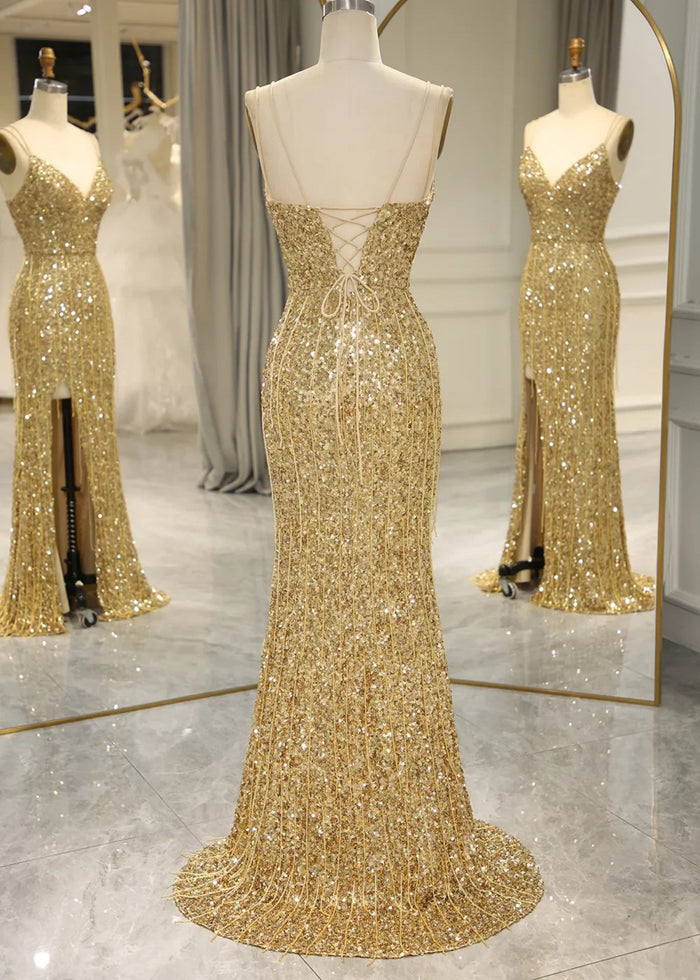 Madge | Mermaid Spaghetti Straps Bling Golden Sequins Long Prom Dress with Split Front - Gold - PromDressClub