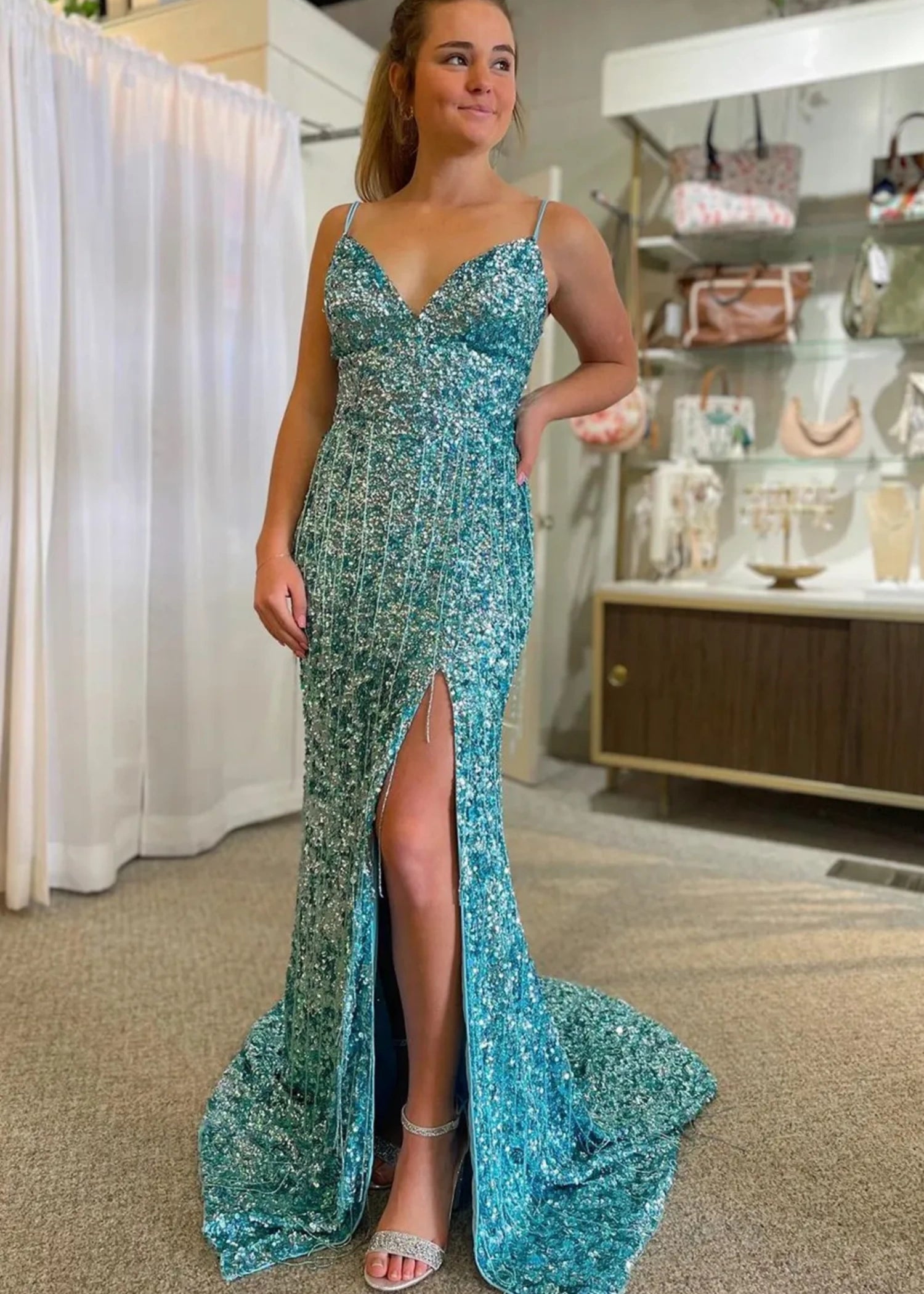 Madge | Mermaid Spaghetti Straps Bling Golden Sequins Long Prom Dress with Split Front - Green - US0 - PromDressClub