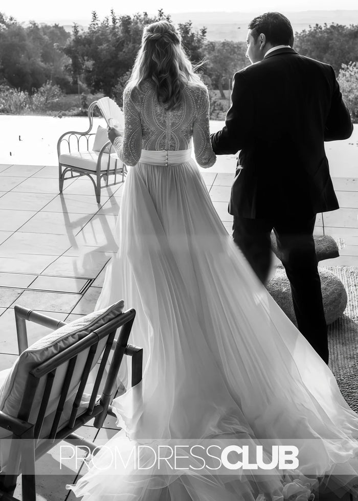 Mag |Long White Wedding Dresses Near Me With Luxurious Lace Beading Long Sleeves A - Line Pleated Tulle - Price #price_variant_lowest# - White - PromDressClub