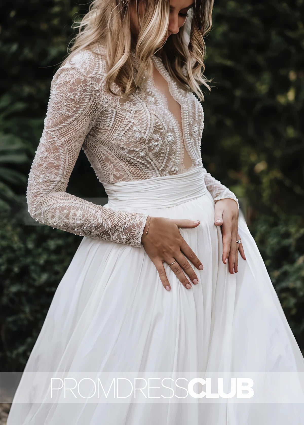 Mag |Long White Wedding Dresses Near Me With Luxurious Lace Beading Long Sleeves A - Line Pleated Tulle - Price #price_variant_lowest# - White - PromDressClub