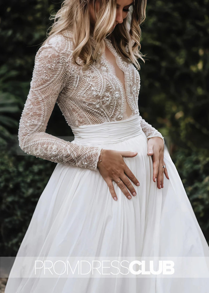 Mag |Long White Wedding Dresses Near Me With Luxurious Lace Beading Long Sleeves A - Line Pleated Tulle - Price #price_variant_lowest# - White - PromDressClub